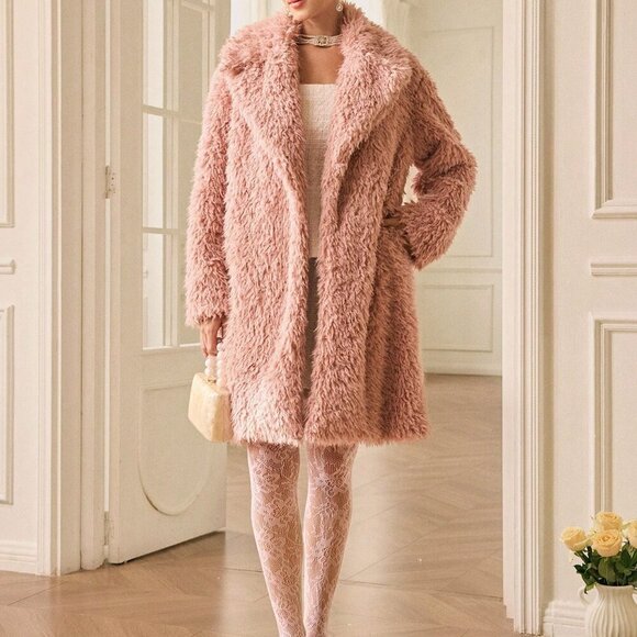 Pink Casual Women's Faux Shearling Crisp Collar Mid-Length Jacket - Picture 7 of 8